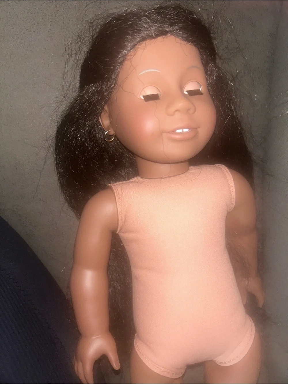 American Girl Doll with Long Black Hair and Peach Outfit